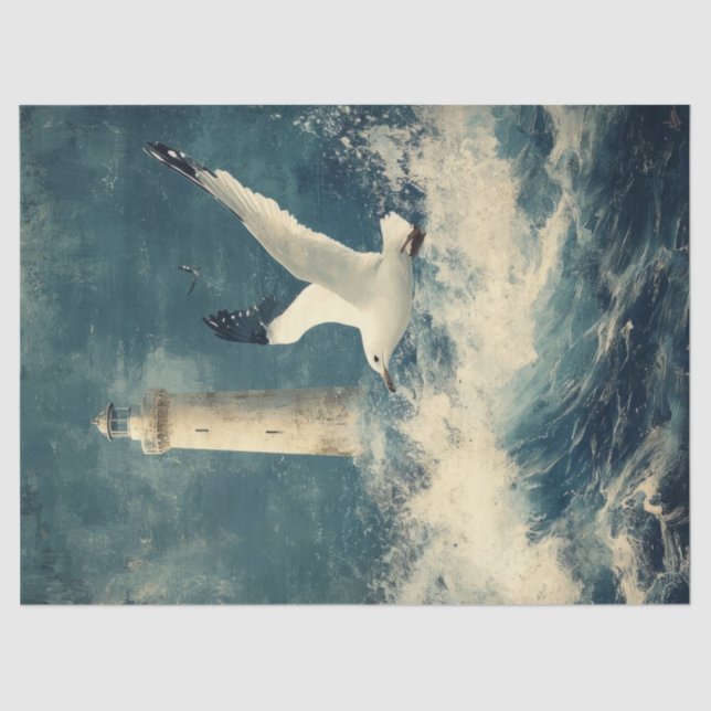 Papel De Seda Nautical Tissue Paper with Lighthouse and Seagull (Frente )