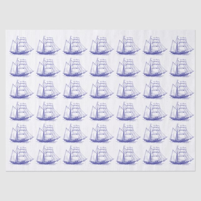Papel De Seda Navio a Vela Clipper Náutico - DIY Cores Azul (Frente )