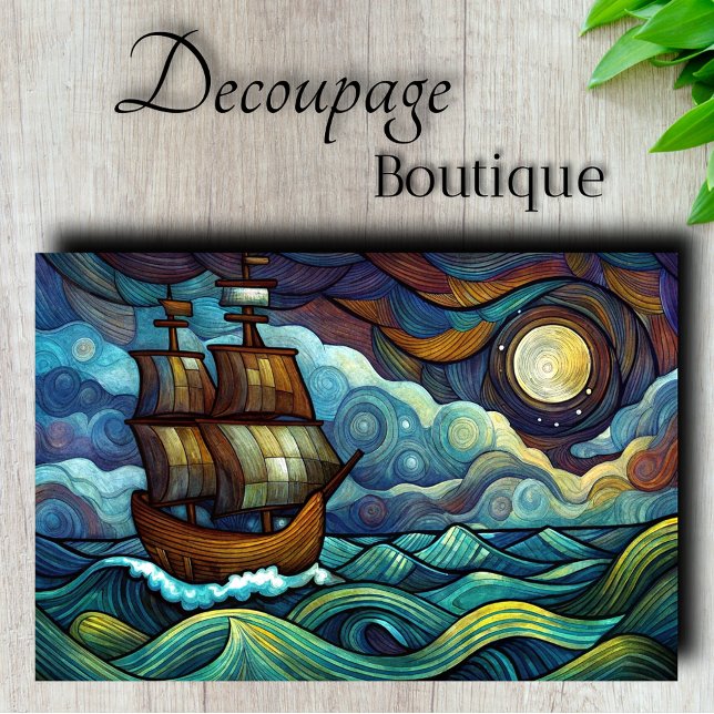Papel De Seda Navio Noturna Estrelada Decoupage (Starry Night Ship Decoupage Tissue Paper)