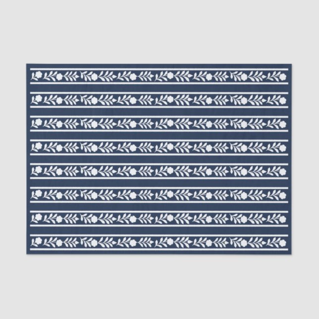 Papel De Seda Navy Blue Bone Inlay Floral Border Decoupage Paper (Frente )