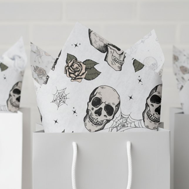 Papel De Seda Negra Negra Branca e Floral Pequeno Halloween (White Gothic Halloween Vintage Floral Skull Tissue Paper. Flowers & Skull Skeleton Pattern For Her)