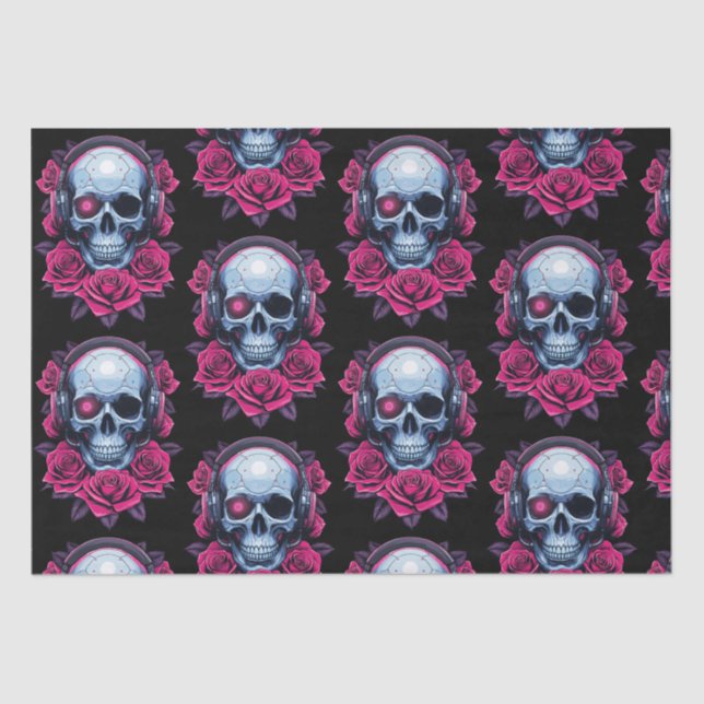 Papel De Seda Néon Cyber Death Skull e Rosas Black (Frente )