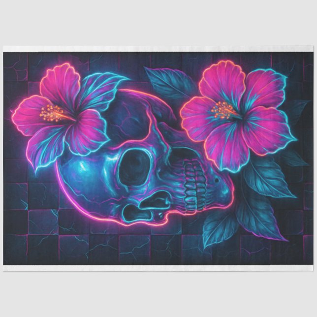 Papel De Seda Néon Skull com Hibiscus Decoupage Paper (Frente )