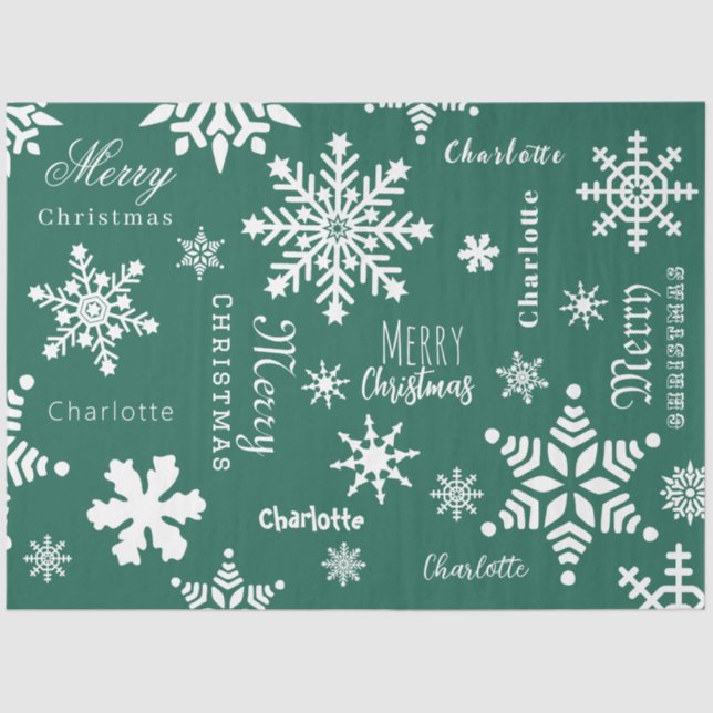 Papel De Seda Neve de Natal de Nome Personalizado Verde (Frente )