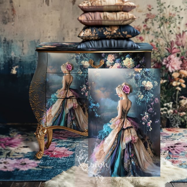 Papel De Seda Noite de Stroll French Woman Fantasy Retrato (Evening Stroll, Portrait and Floral Moody French Fantasy Decoupage Tissue Paper)