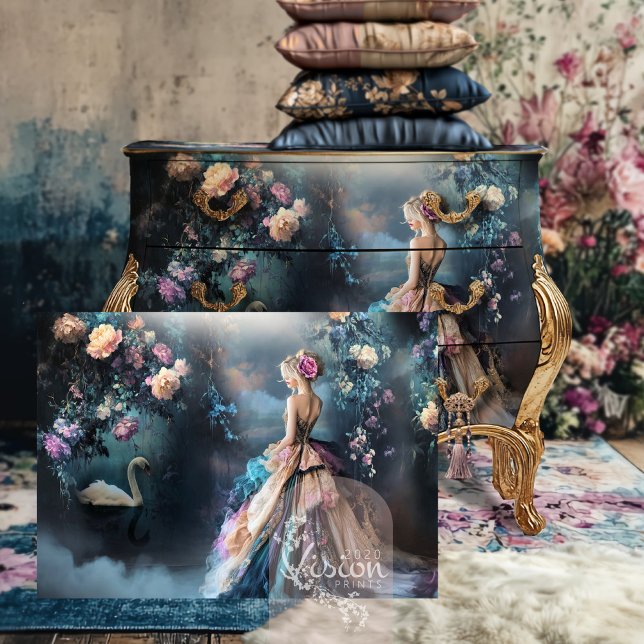 Papel De Seda Noite de Stroll Retrait e Swan Dark Floral Fantasy ("Evening Stroll" French Woman, Ethereal Floral & Swan, Misty Lake Landscape,  Decoupage Art Paper)