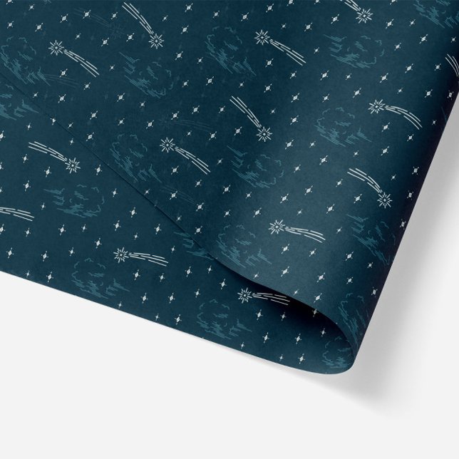 Papel De Seda Noite Estrelada em Estrelas de Natal Azuis (shooting stars and clouds in geometric illustration tissue paper navy blue background)
