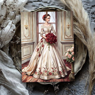 Papel De Seda Noiva vitoriana com buquê rosa vermelha
