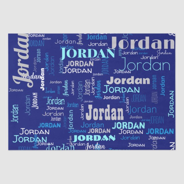 Papel De Seda Nome de Repetição Azul e Prateado Personalizado (Frente )