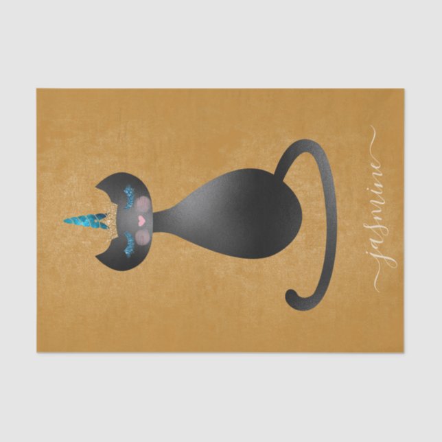 Papel De Seda Nome do Script Monograma Dourado de Caticorn Preto (Frente )