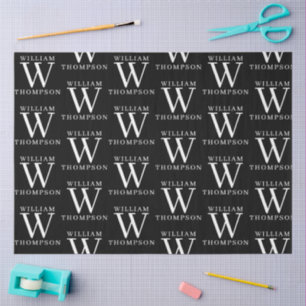 Papel De Seda Nome inicial do Elegante preto e branco monograma