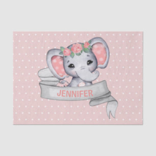 Papel De Seda Nome Personalizado Elefante Menina Rosa e Cinzas