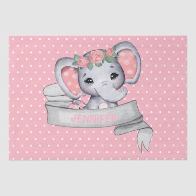 Papel De Seda Nome Personalizado Elefante Menina Rosa e Cinzas (Frente )