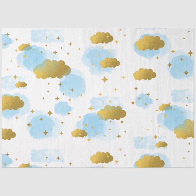 Papel De Seda Nuvens de Aquarela Azul Douradas Estrelas Céu (Frente )