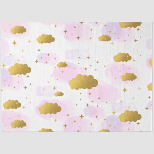 Papel De Seda Nuvens de Aquarela Rosa Douradas Estrelas Céu (Frente )