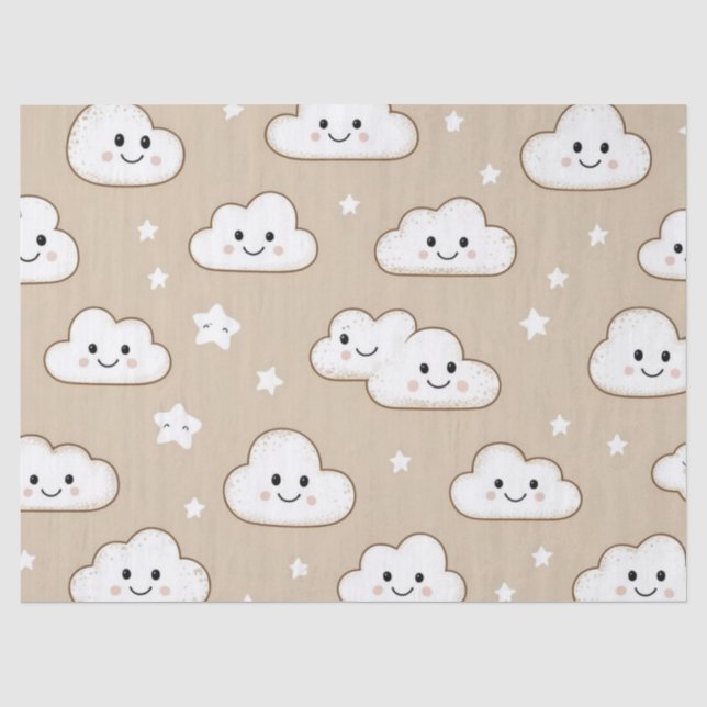 Papel De Seda Nuvens e Estrelas Sorridentes Kawaii em Bege (Frente )