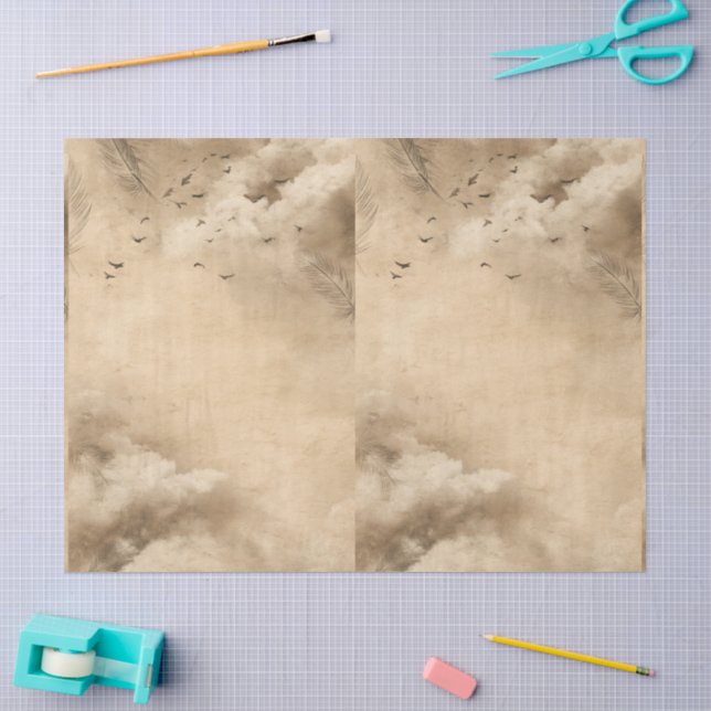 Papel De Seda Nuvens Pássaros Penas Céu Pastel Colagem (Arte )