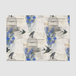 Papel De Seda O azul do Birdcage do pássaro do vintage floresce