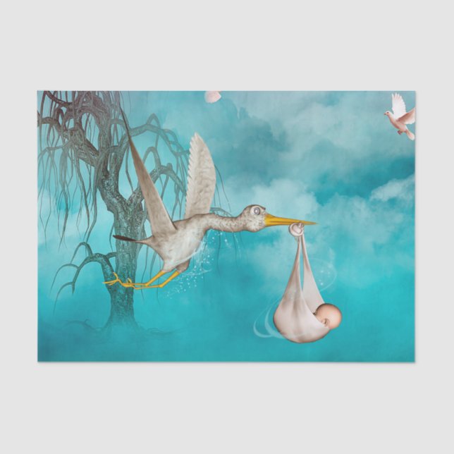 Papel De Seda O bebê bonito está vindo com cegonha (Frente )