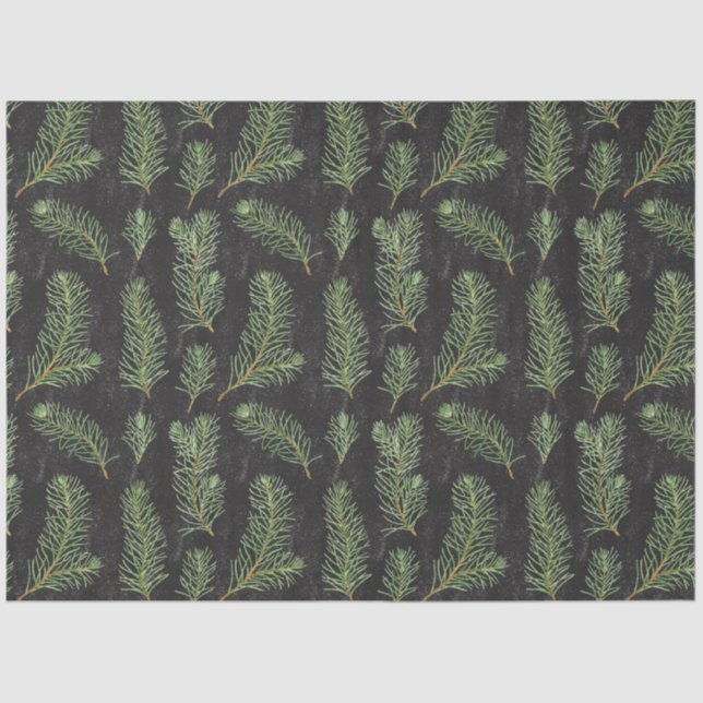 Papel De Seda O pinheiro aquarela ramifica em fundo preto. (Frente )