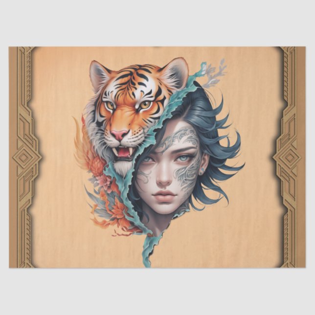 Papel De Seda O tigre e a mulher, força e graça. (Frente )