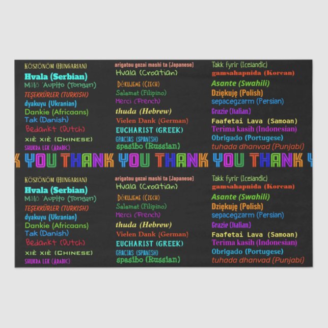 Papel De Seda Obrigado em 30 idiomas Apreciação (Frente )