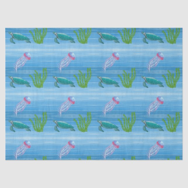 Papel De Seda Oceano com Tartaruga e Água-Viva (Frente )