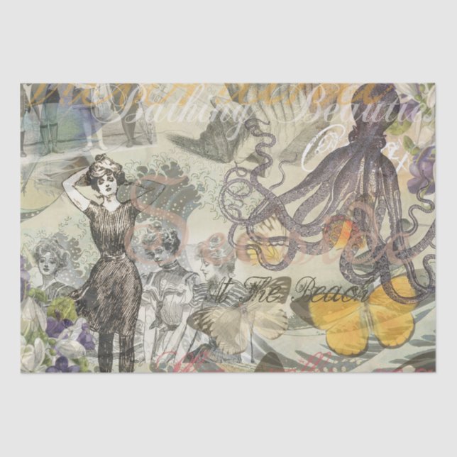 Papel De Seda Octopus Beach Antique Coastal Steampunk (Frente )