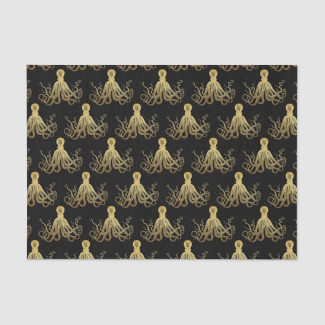 Papel De Seda Octopus Dourado de Tinta Preta  Costeira Náutica (Frente )