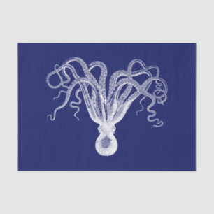 Papel De Seda Octopus Estilizado Vintage Desenho #8 Azul Branco