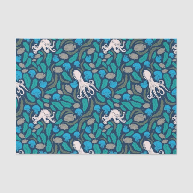 Papel De Seda Octopus Jellyfish Padrão Azul-Teal (Frente )