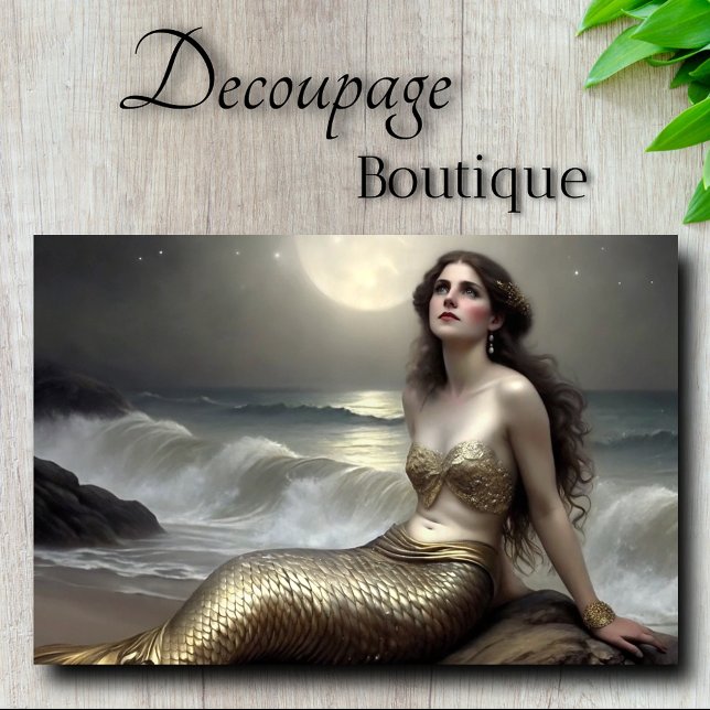 Papel De Seda Olhar de Sereia Dourada ao Luar Decoupage (Moonlit Gold mermaid Gaze Decoupage Tissue Paper)