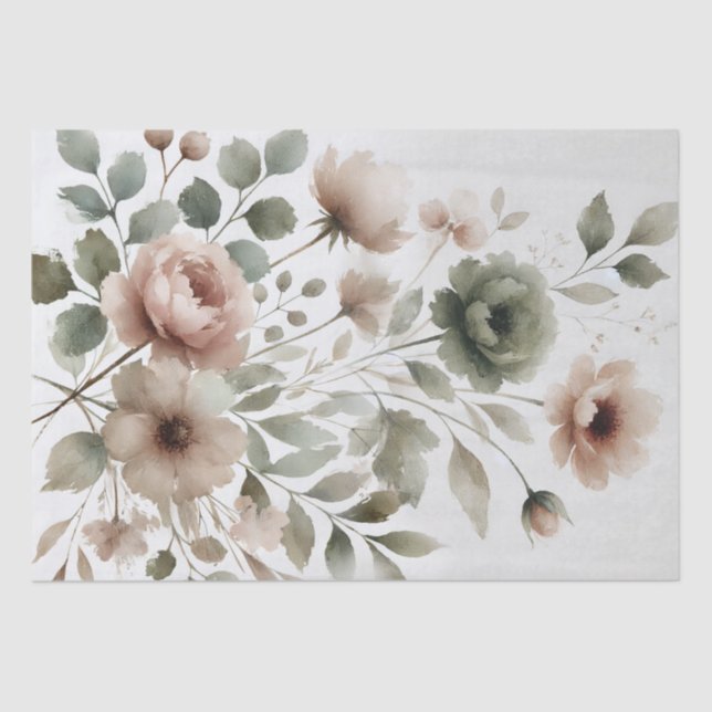 Papel De Seda Olive Sujo e Florais Modernos em Aquarela Rosa (Frente )