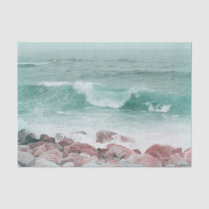Papel De Seda Ondas da Praia do Oceano Costeiro Azul-Verde Branc