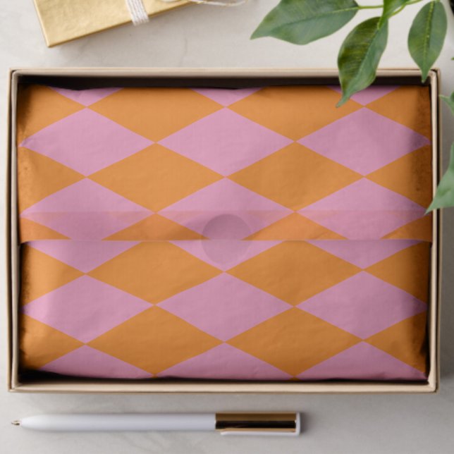 Papel De Seda Orange and Pink Harlequin Checkered Design  (Criador carregado)