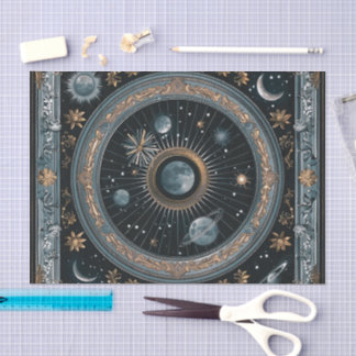 Papel De Seda Órbita Lunar Celestial Dourada com Astral Detalhad