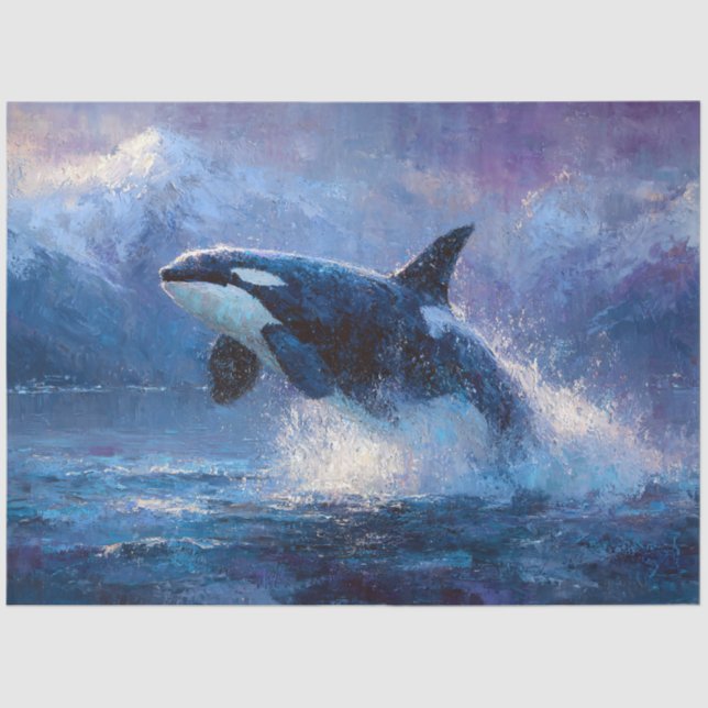 Papel De Seda Orca Breaching Near Snowy Mountains (Frente )