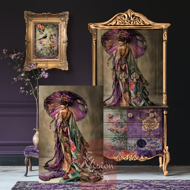Papel De Seda Oriental Aestética Arte Retrato Geisha Japonesa (Oriental Aesthetics, Geisha Portrait Art, Moody Purple and Green Decoupage Tissue Paper)