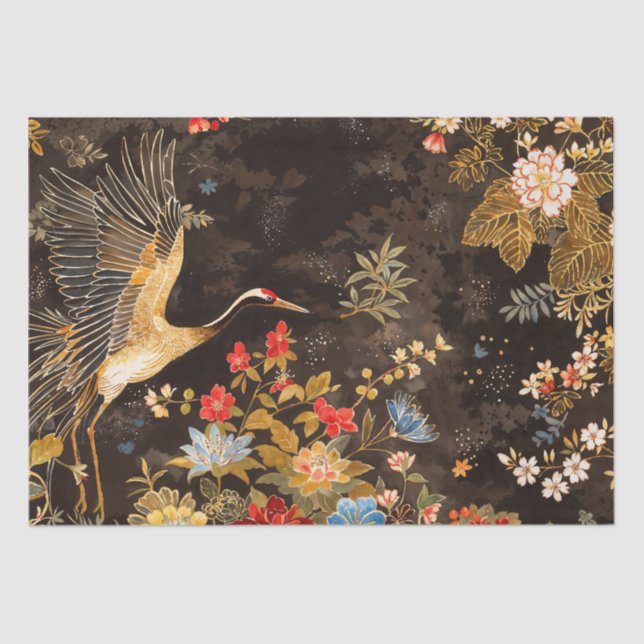 Papel De Seda Oriental Crane e Elegância Floral (Frente )