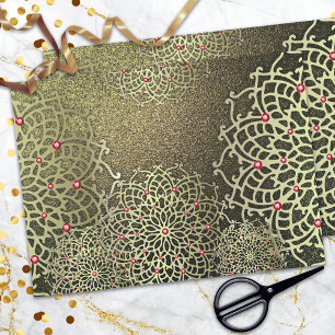 Papel De Seda Oriental Luxury Dourado Mandala Com Pedras Vermelh