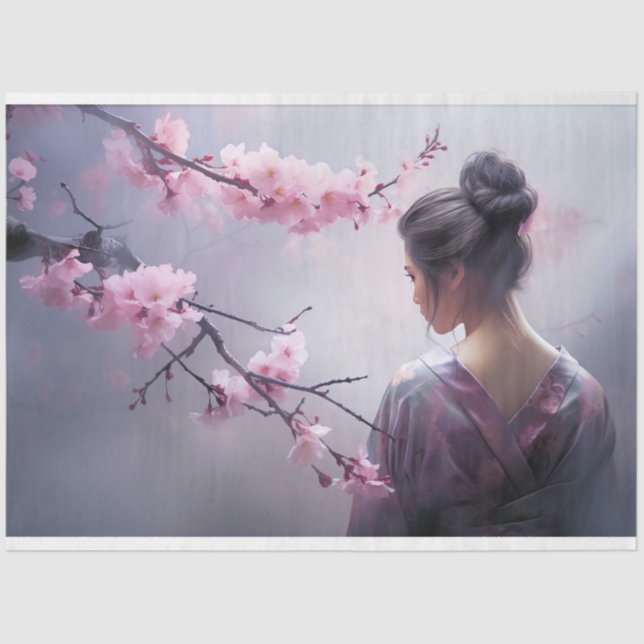 Papel De Seda Oriental Misty Geisha e Cherry Blossoms Retrato (Frente )