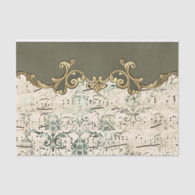 Papel De Seda Ornamentado Green Music Notes Decoupage (Frente )