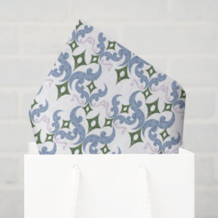 Papel De Seda ornamento de damasco azul e verde pontilhismo