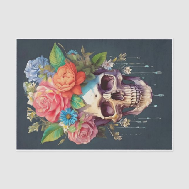 Papel De Seda Ossos e Flores, Caveira e Flores de Jardim (Frente )