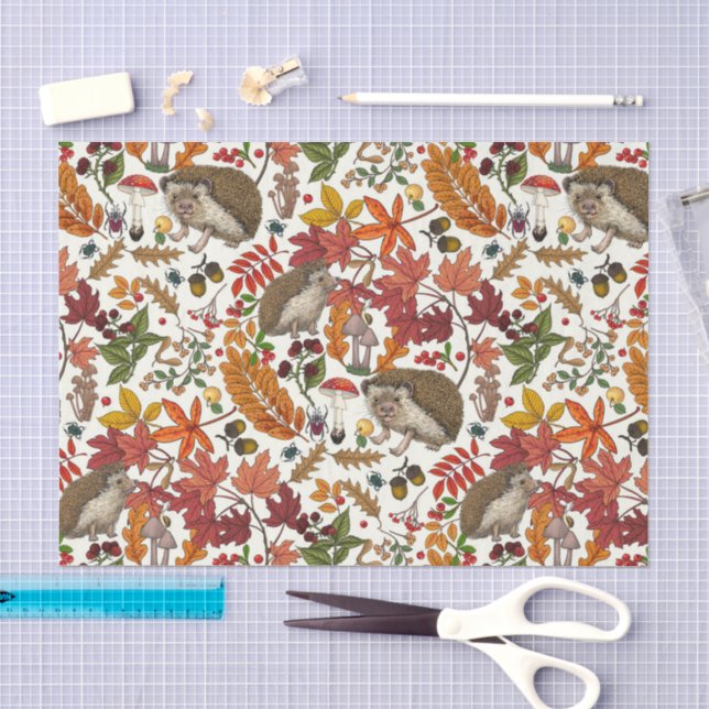 Papel De Seda Ouriços e flora da floresta outonal em marfim (Arte )