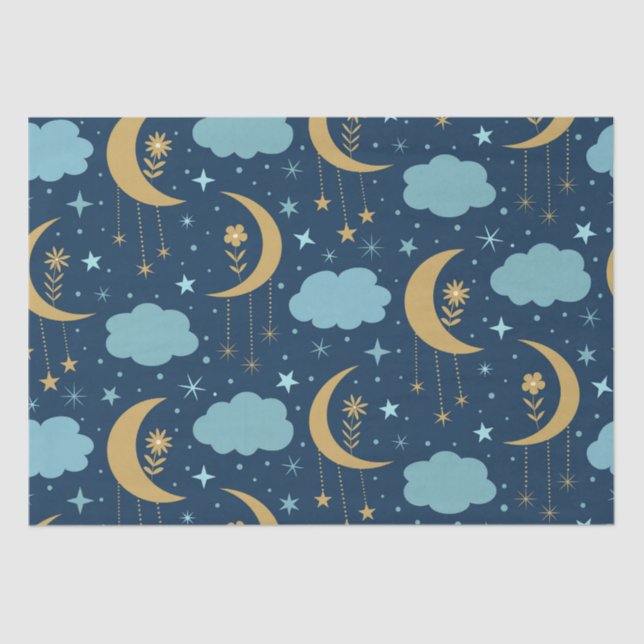 Papel De Seda Ouro Boho Moon Com Nuvens Azuis (Frente )