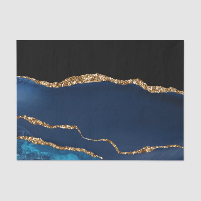 Papel De Seda Ouro Brilhante Azul Agate Marble Brilhante Glam (Frente )