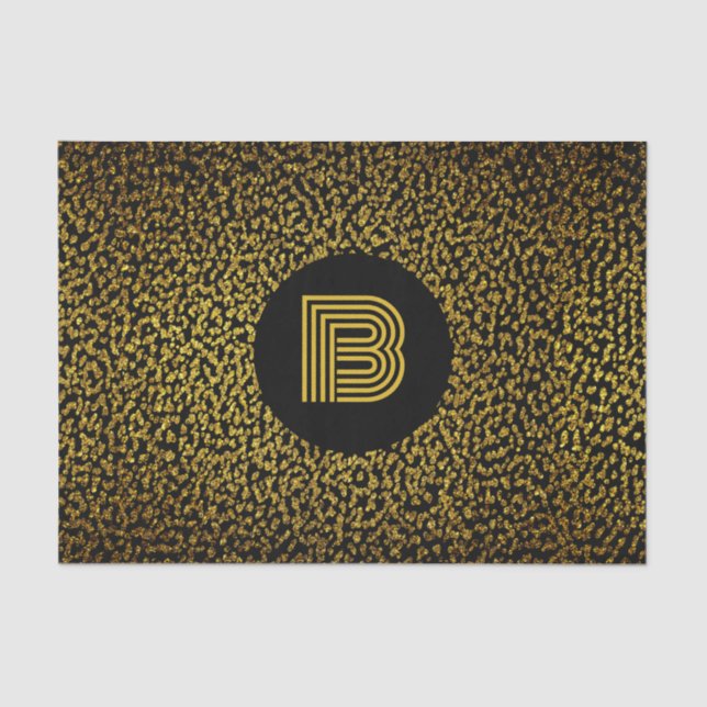 Papel De Seda Ouro de monograma moderno preto (Frente )