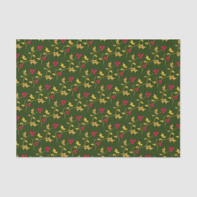 Papel De Seda Ouro de Natal e bagas vermelhas folhas verdes (Frente )