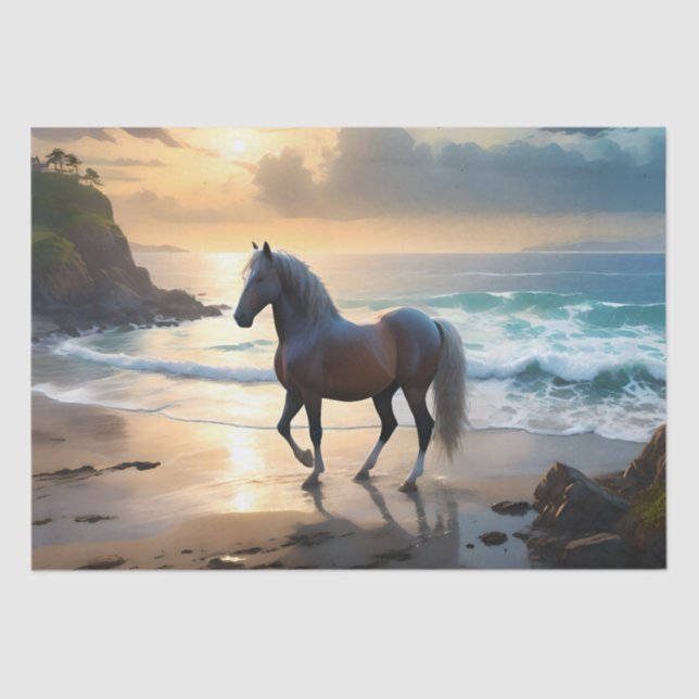 Papel De Seda Ouro Grace: Um Cavalo de Palomino na praia Sunset (Frente )